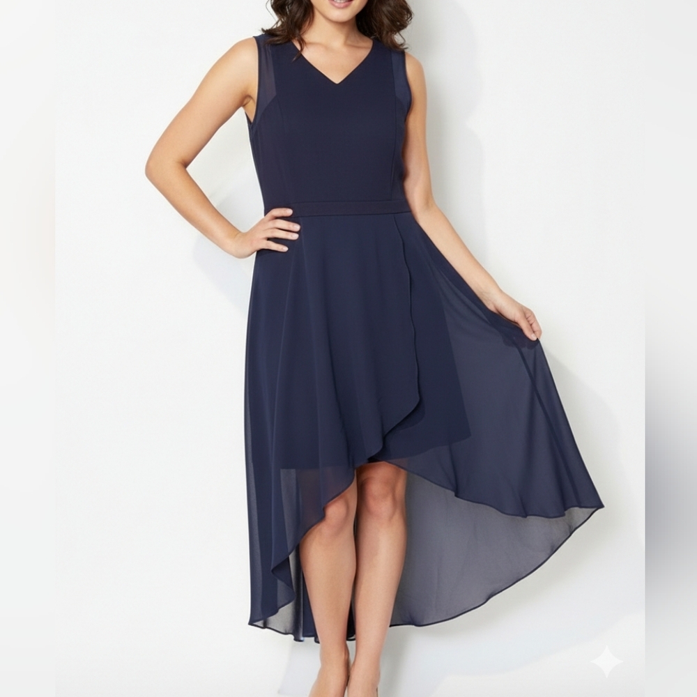Forever New‎ Maxi Hi-Low Dress Navy Blue Sleeveless V-neck Romantic Minimalist